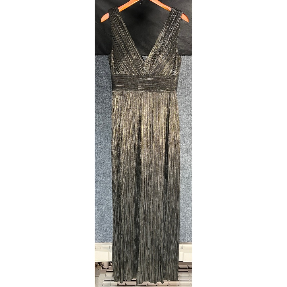 Jessica Howard Gold Black‎ Metallic Pleated V-Neck Maxi Gown Dress Size 8